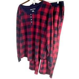 Nautica Pajamas pants shirt red black plaid long sleeve top button closure READ